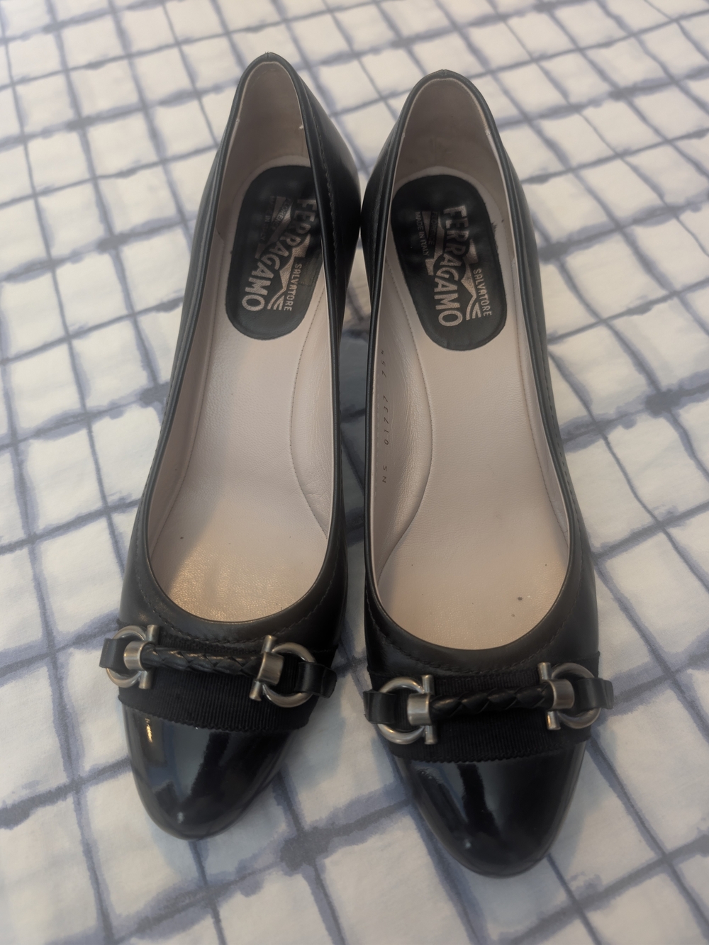 Salvatore Ferragamo Black Patent & Leather Horsebit Heels
